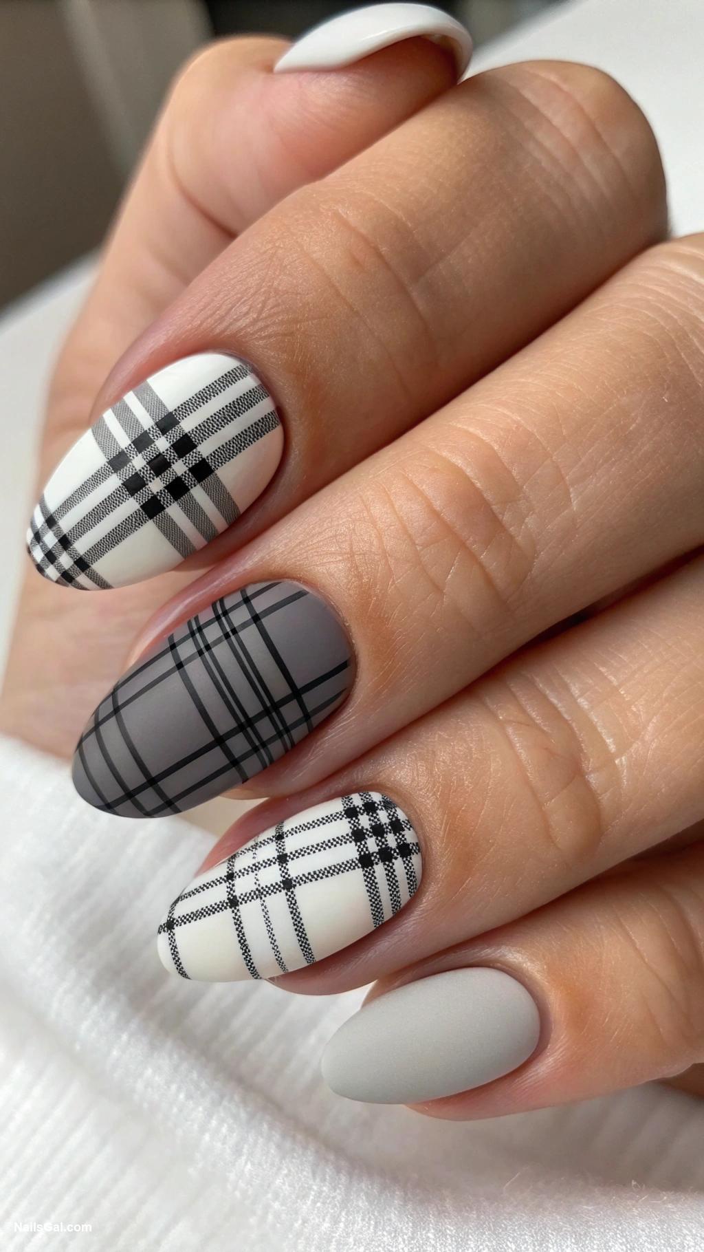 plaid nails Monochrome plaid with matte finish