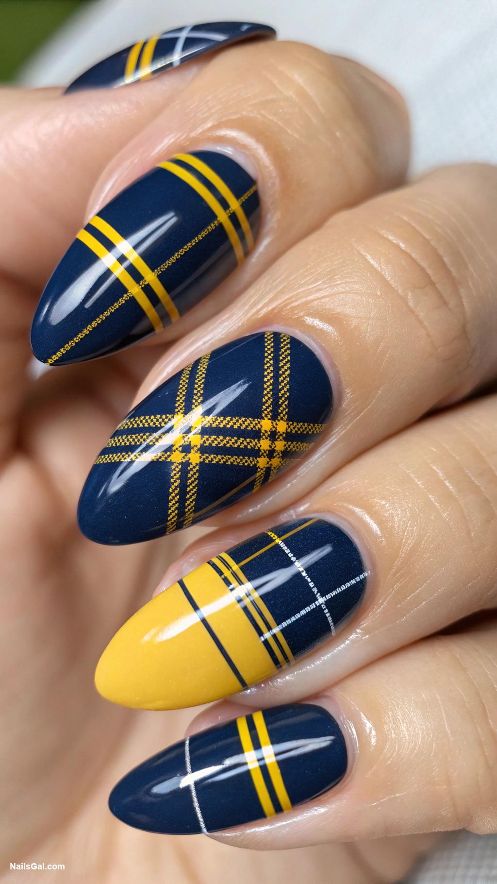 plaid nails Navy blue and mustard yellow plaid