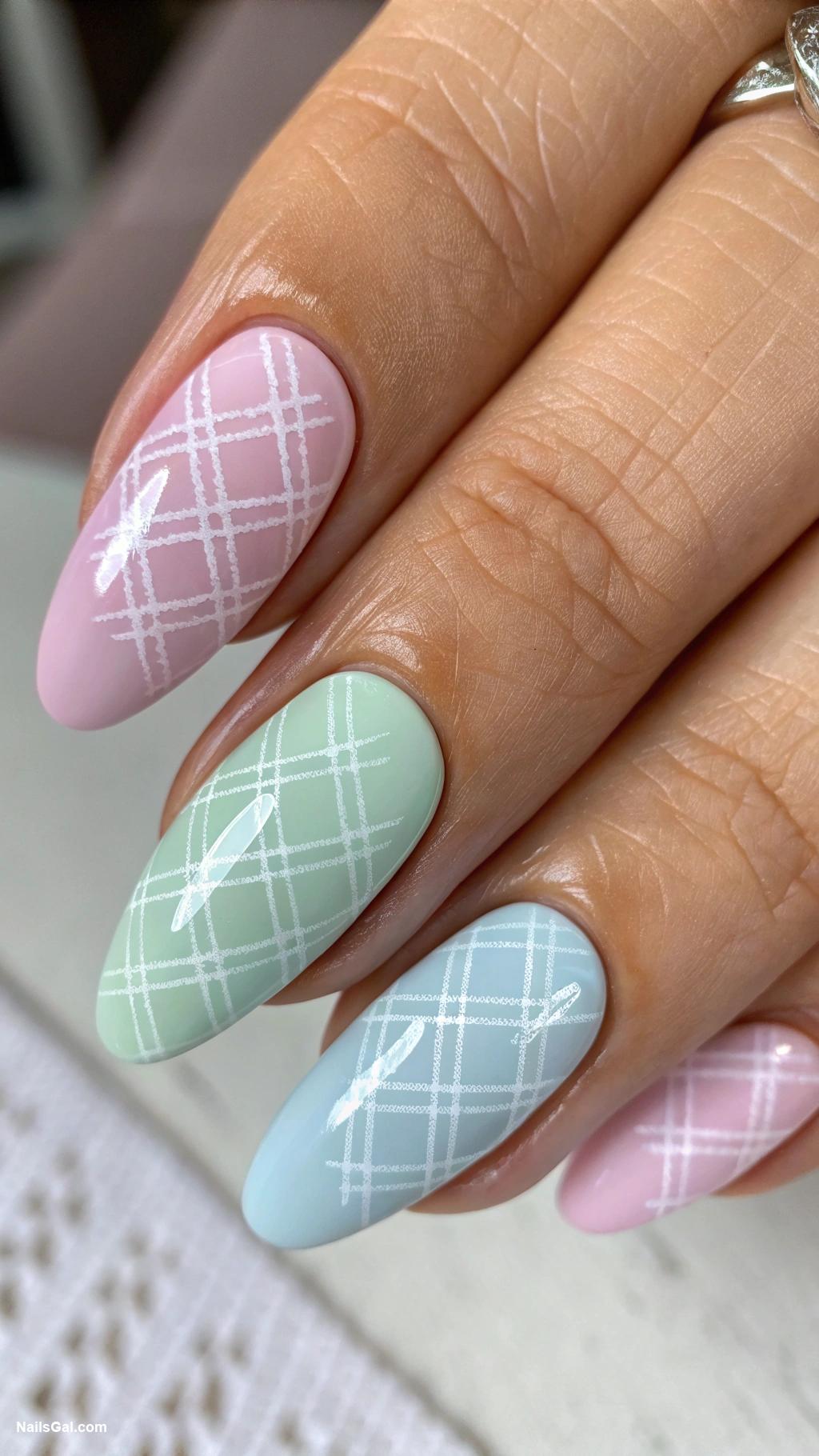 plaid nails Pastel colors with white plaid pattern