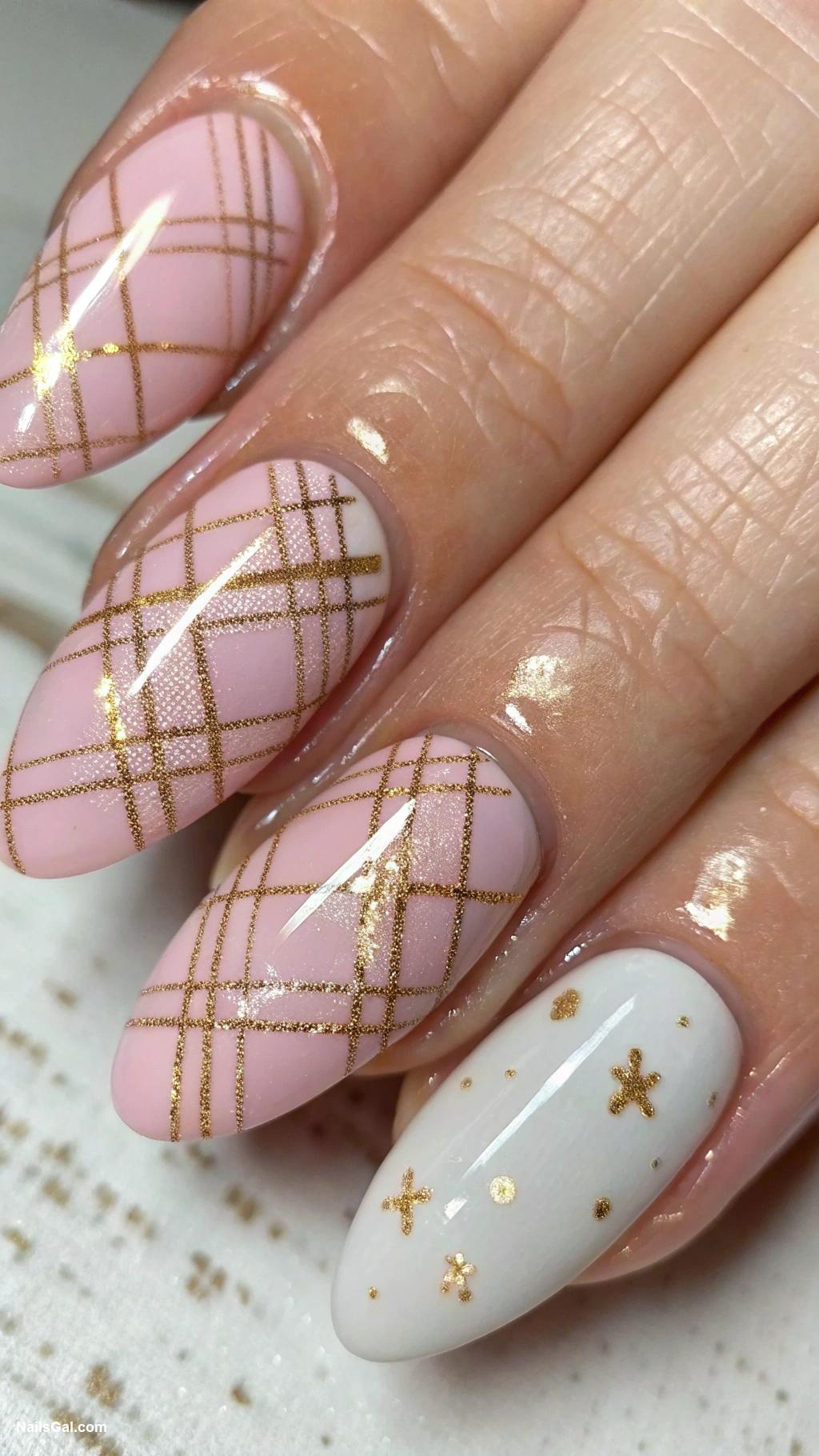 plaid nails Soft pink plaid with gold flecks