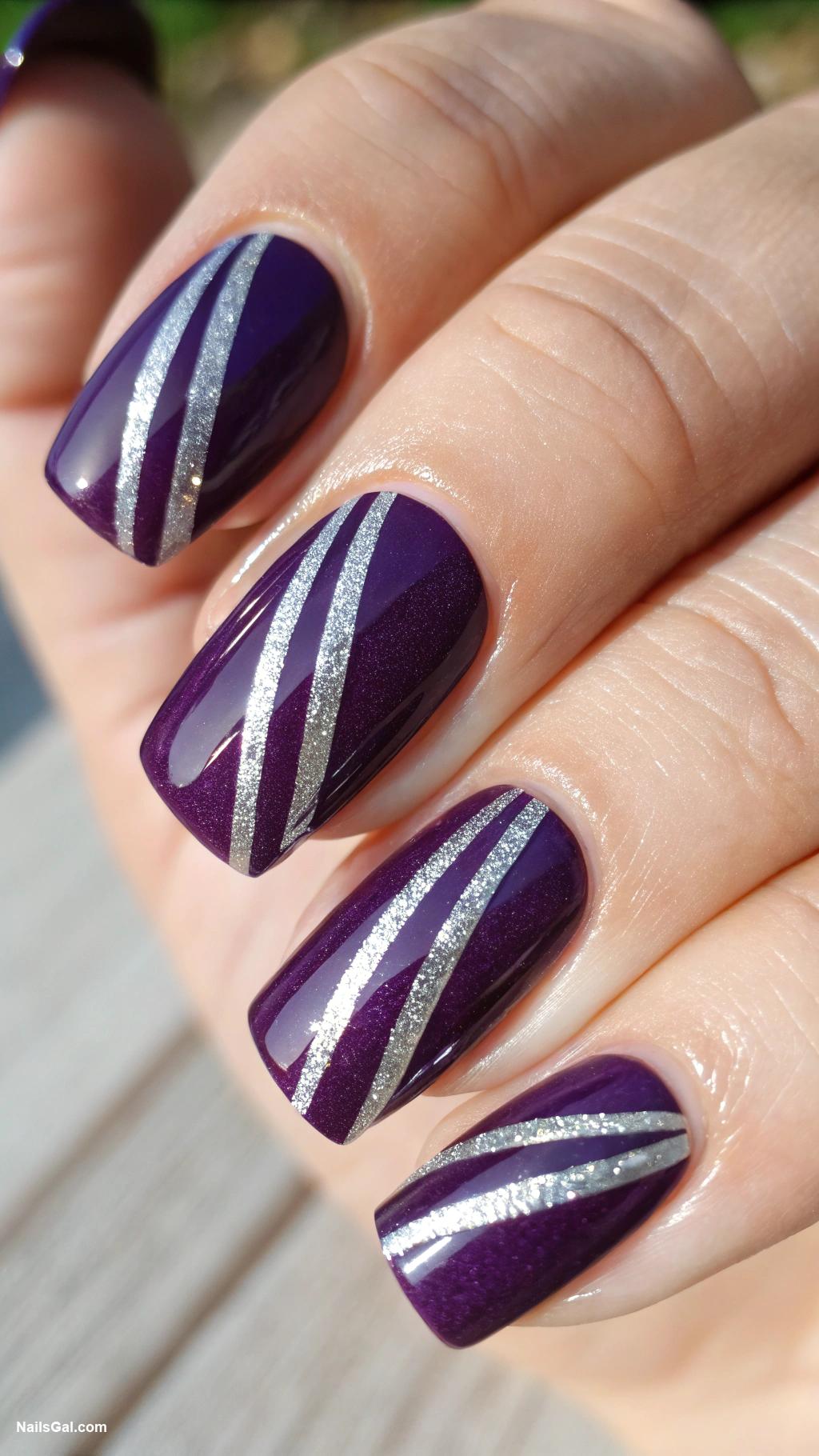 purple nails Dark purple with metallic stripes