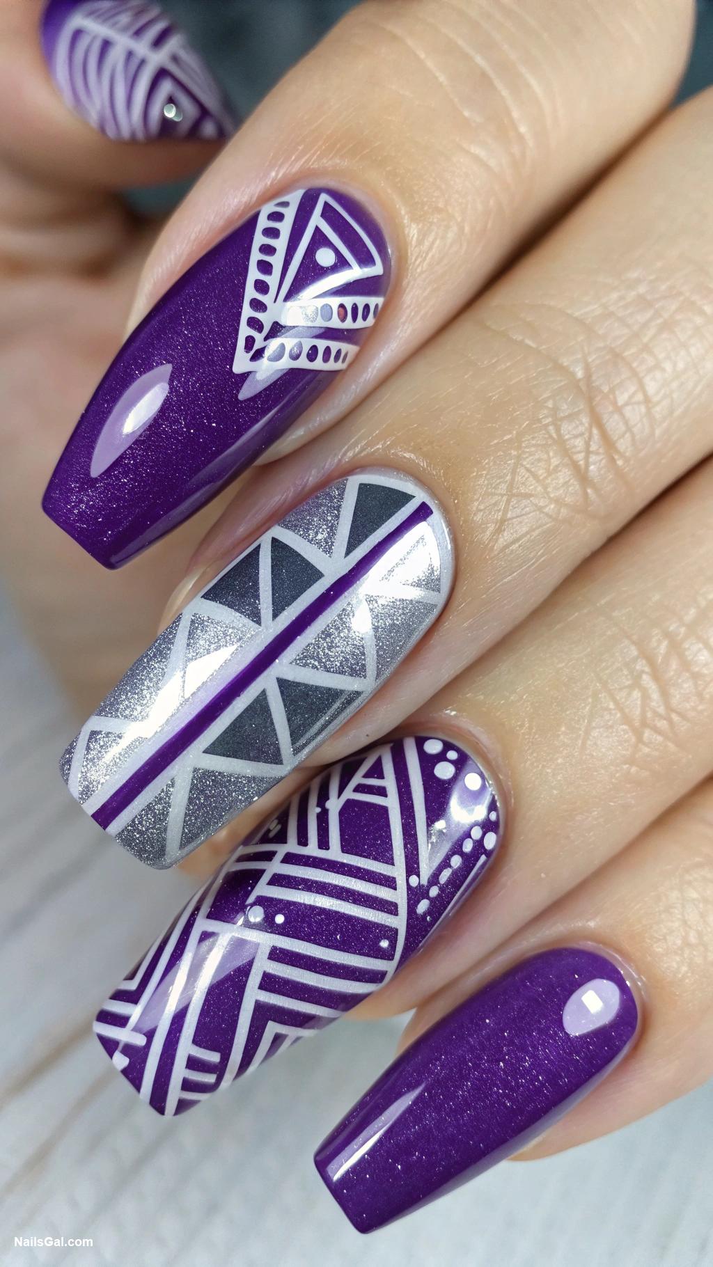 purple nails Geometric purple and silver pattern