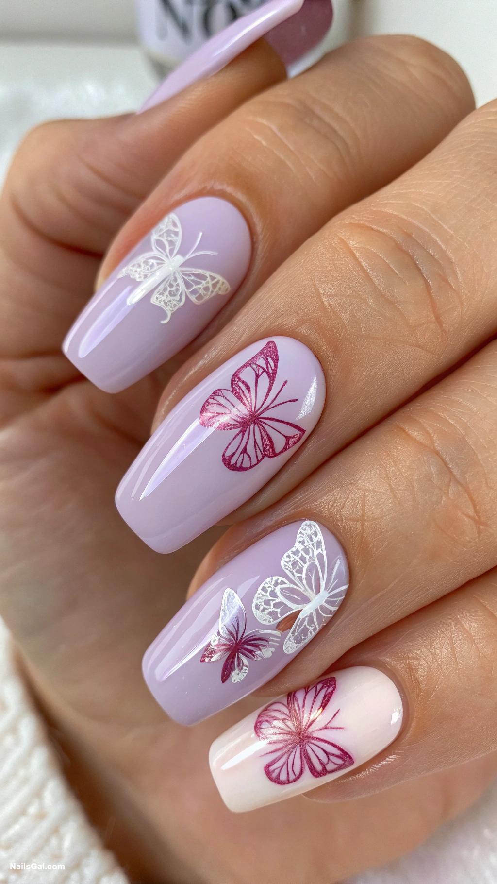 purple nails Light lavender with butterfly decals