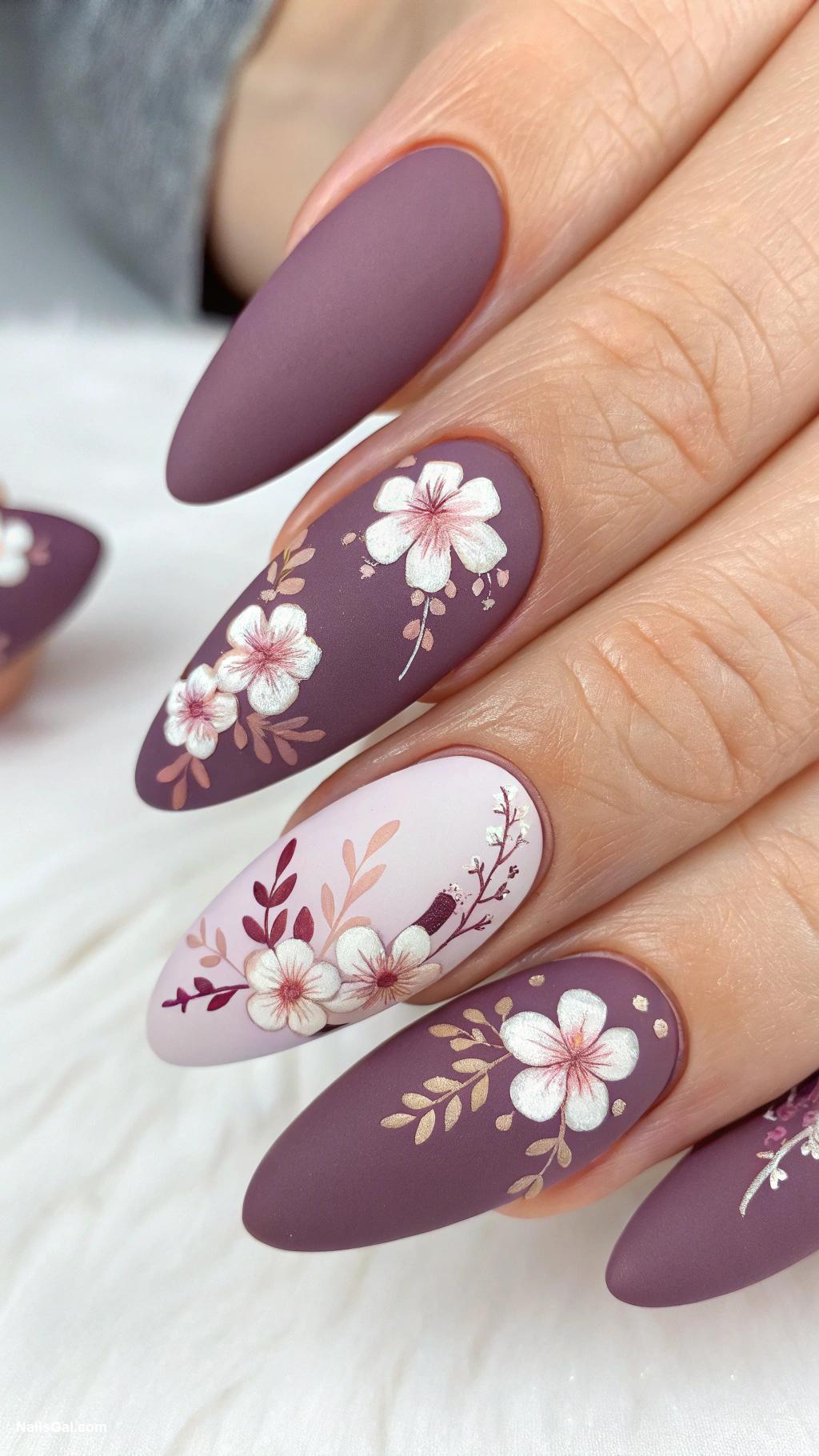 purple nails Matte deep purple with floral accents