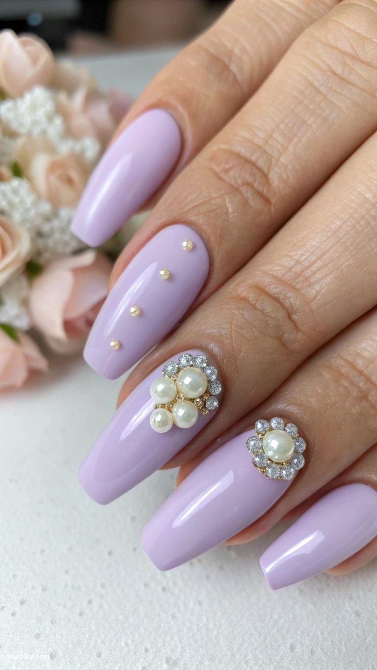 purple nails Pastel purple with pearl embellishments