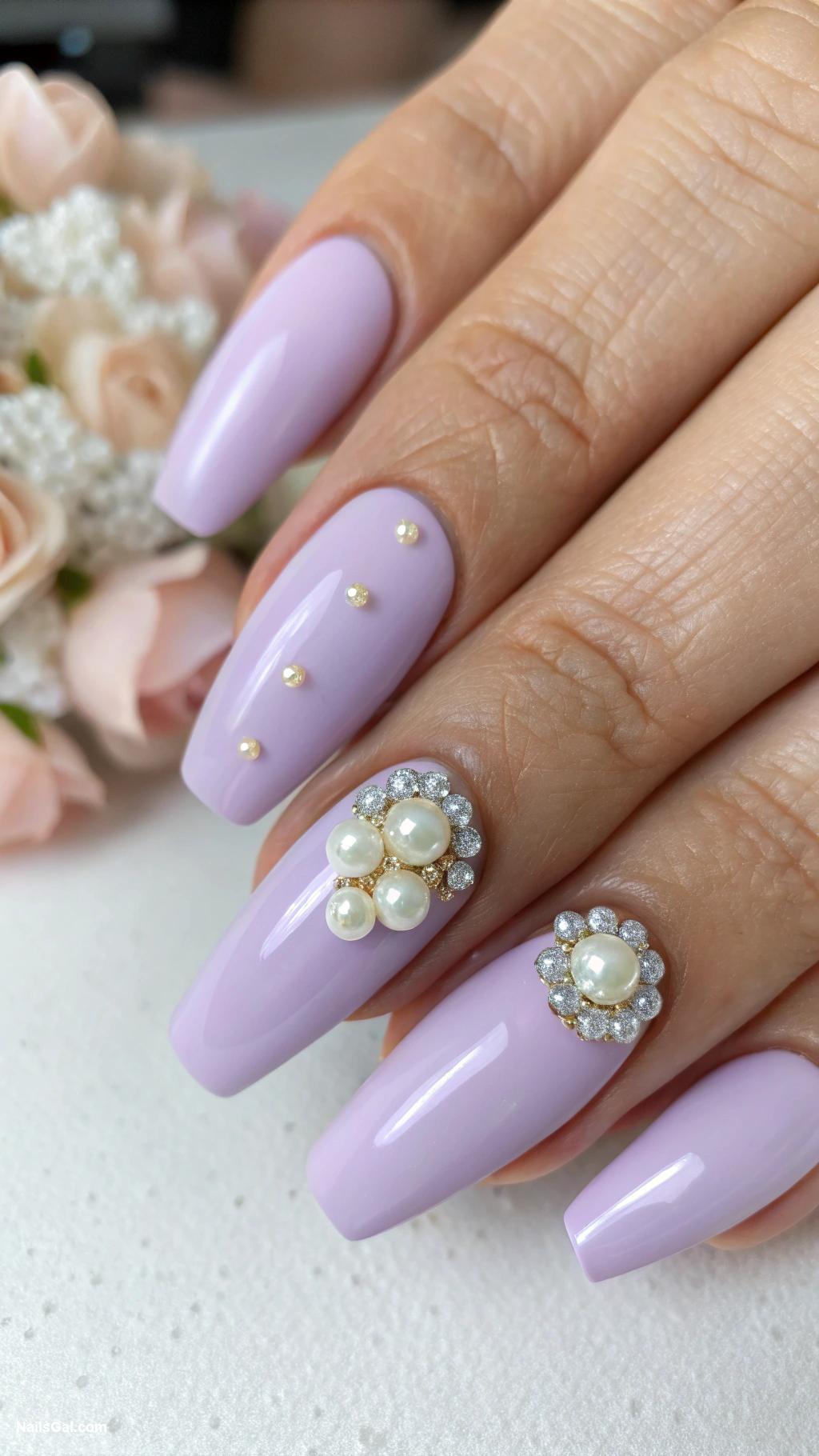 purple nails Pastel purple with pearl embellishments