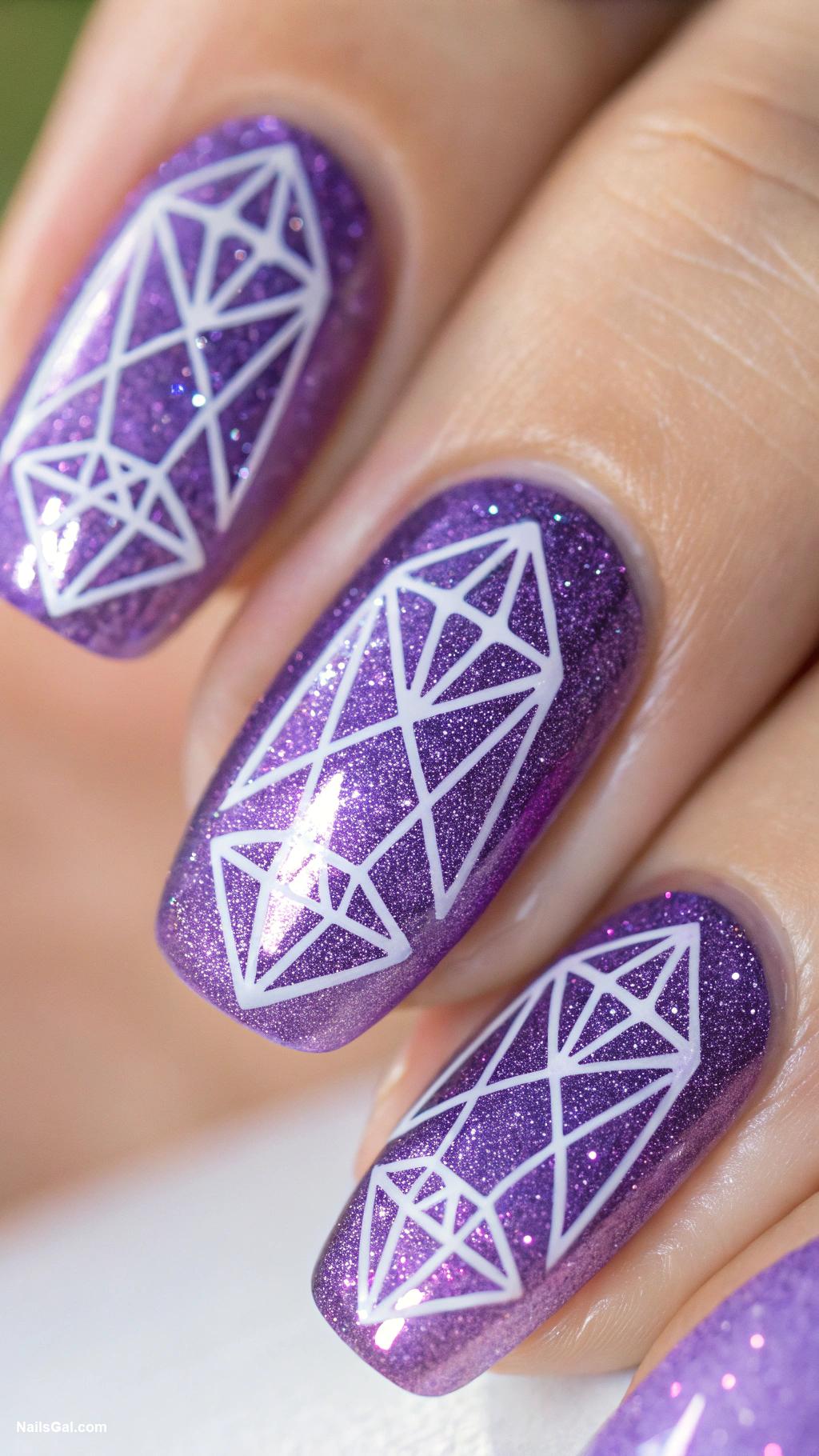 purple nails Purple holographic with diamond shapes