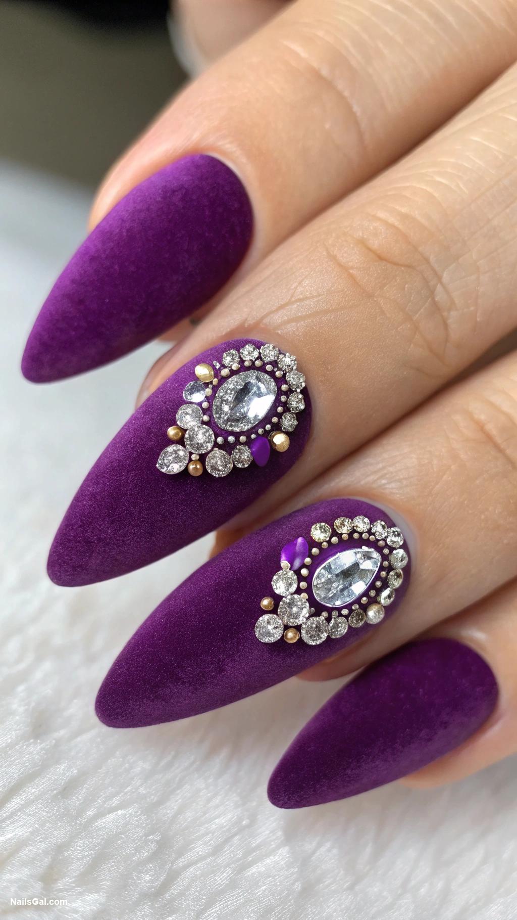 purple nails Velvet purple finish with rhinestones