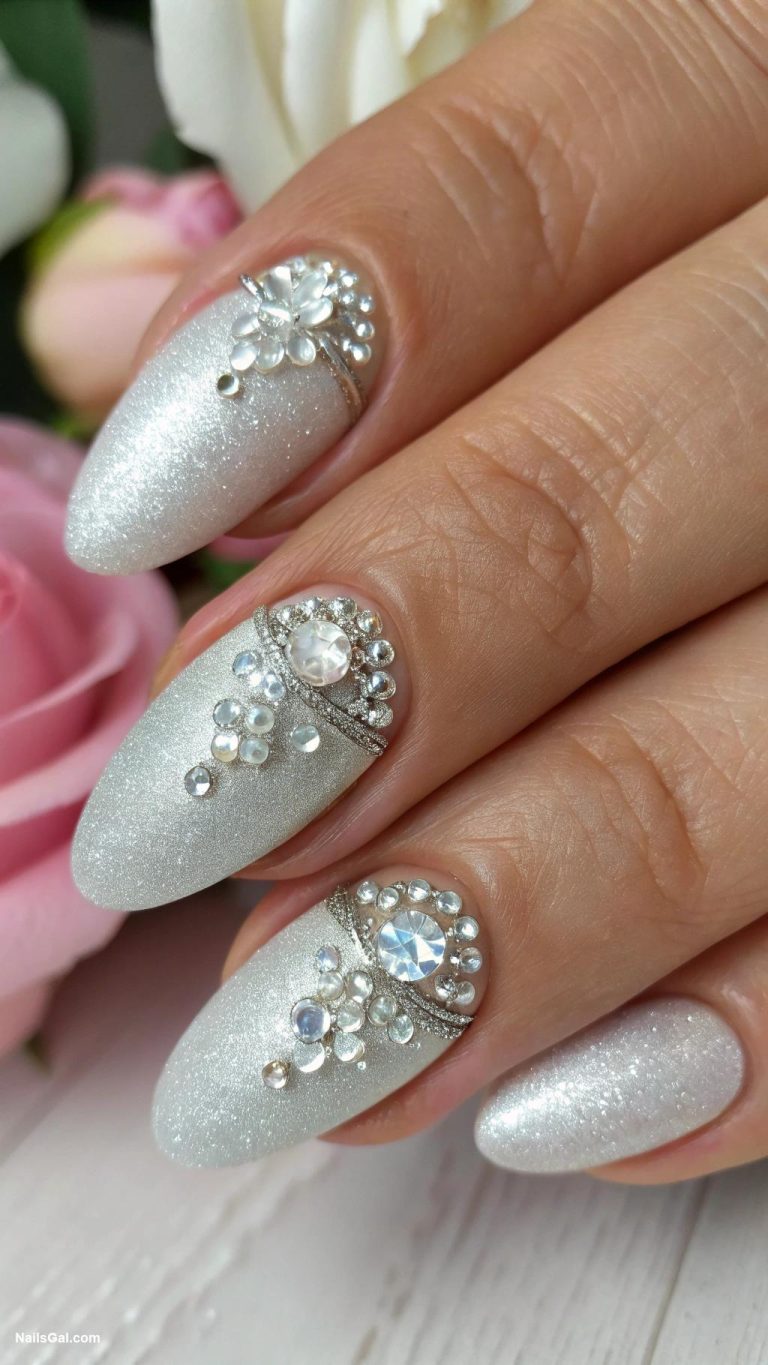 silvery nails Brushed silver texture with rhinestones