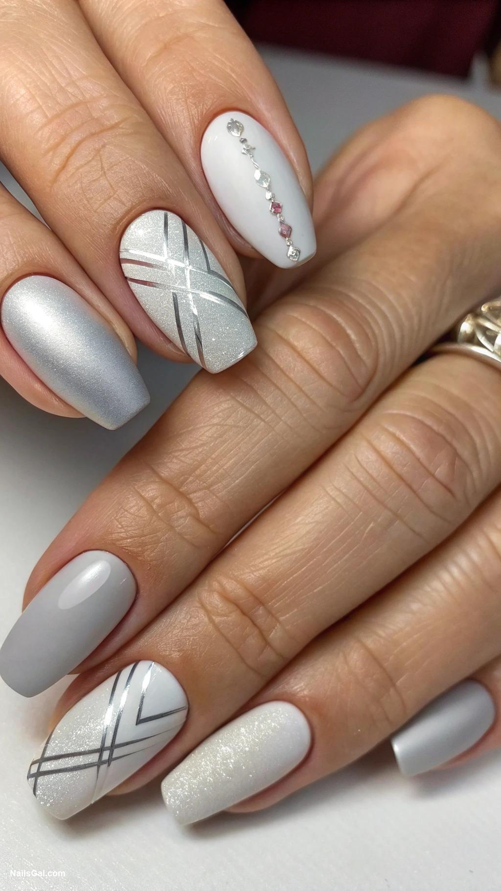 silvery nails Matte silver with glossy accent nails