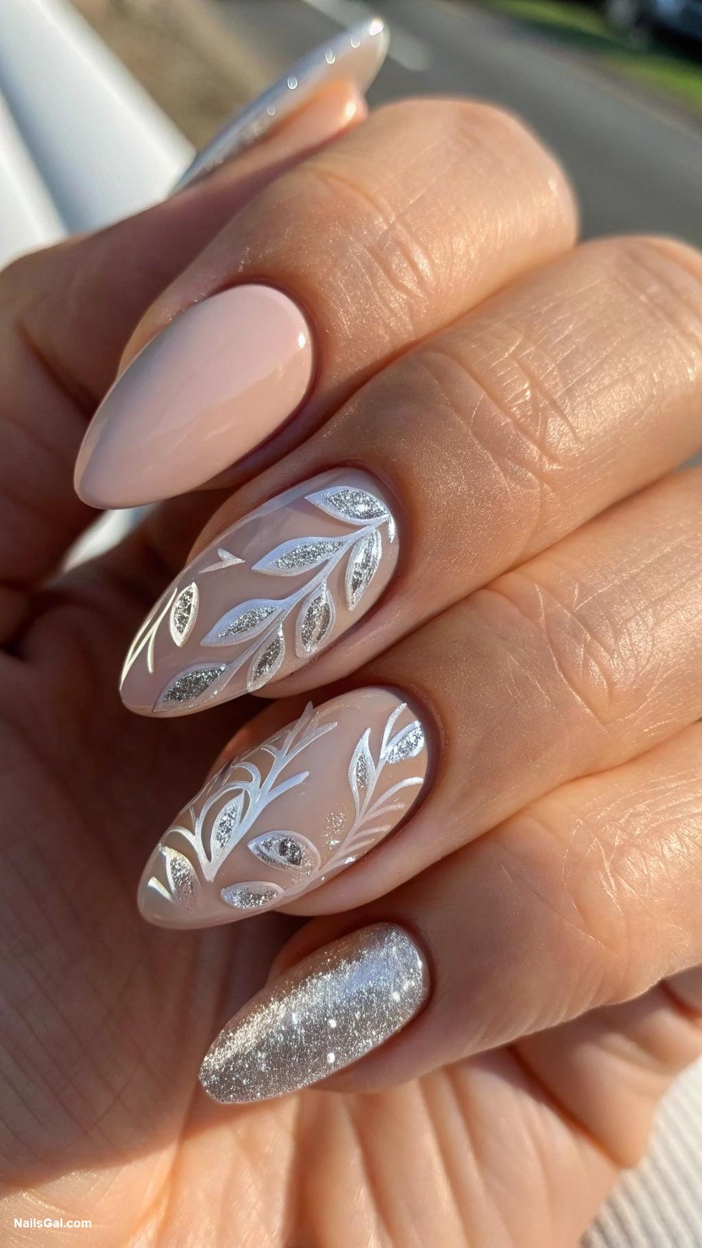 silvery nails Silver foil over nude base