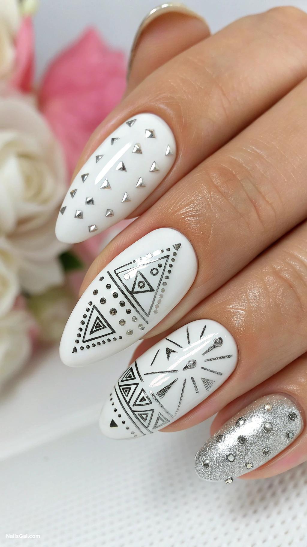 silvery nails Silver geometric patterns on white