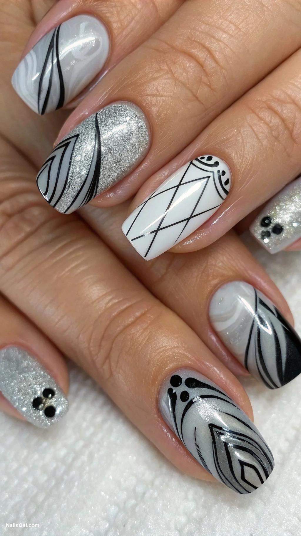 silvery nails Silver marbled design with black