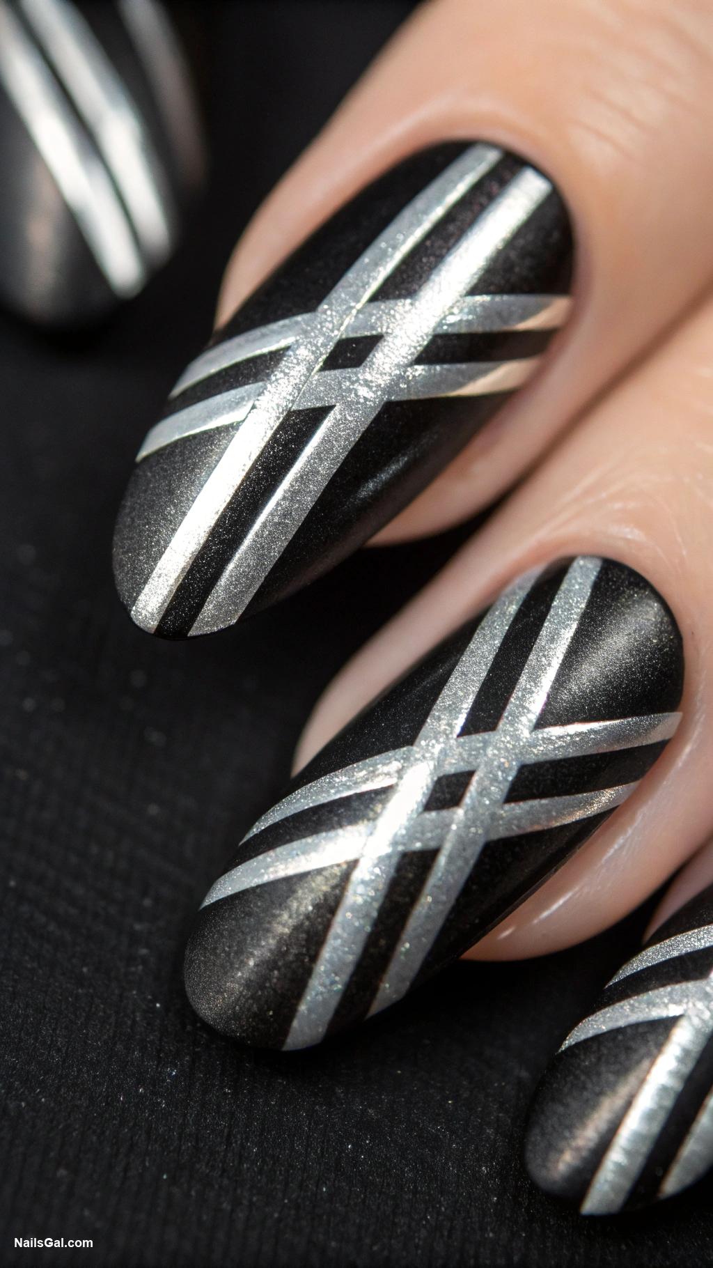 silvery nails Silver metallic stripes on black