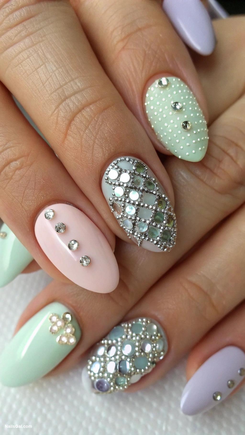 silvery nails Silver studs on pastel backdrop