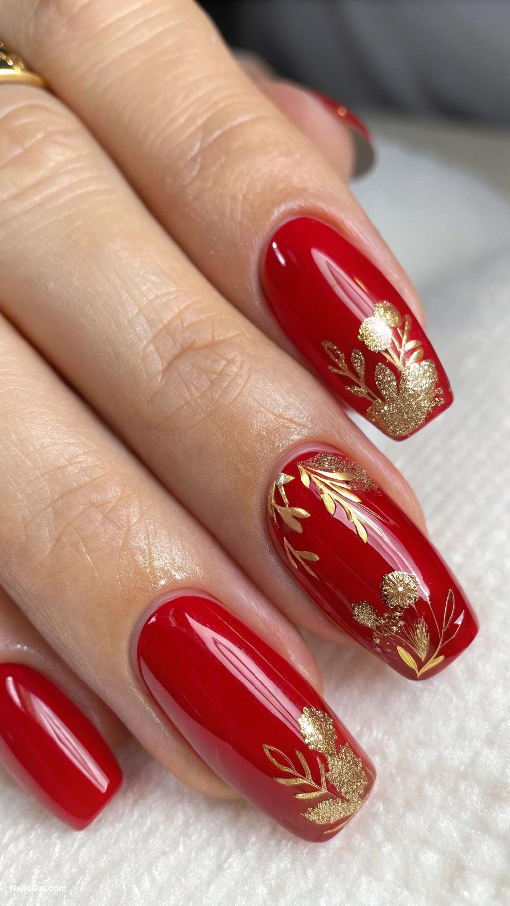simple nails Classic red with gold foil