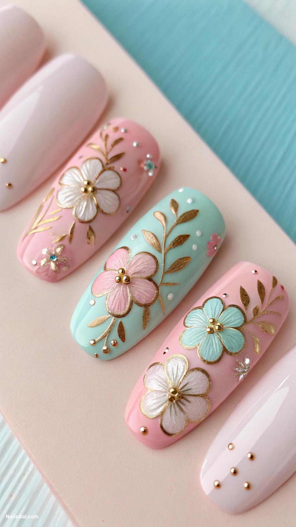 simple nails Floral accents on pastel background