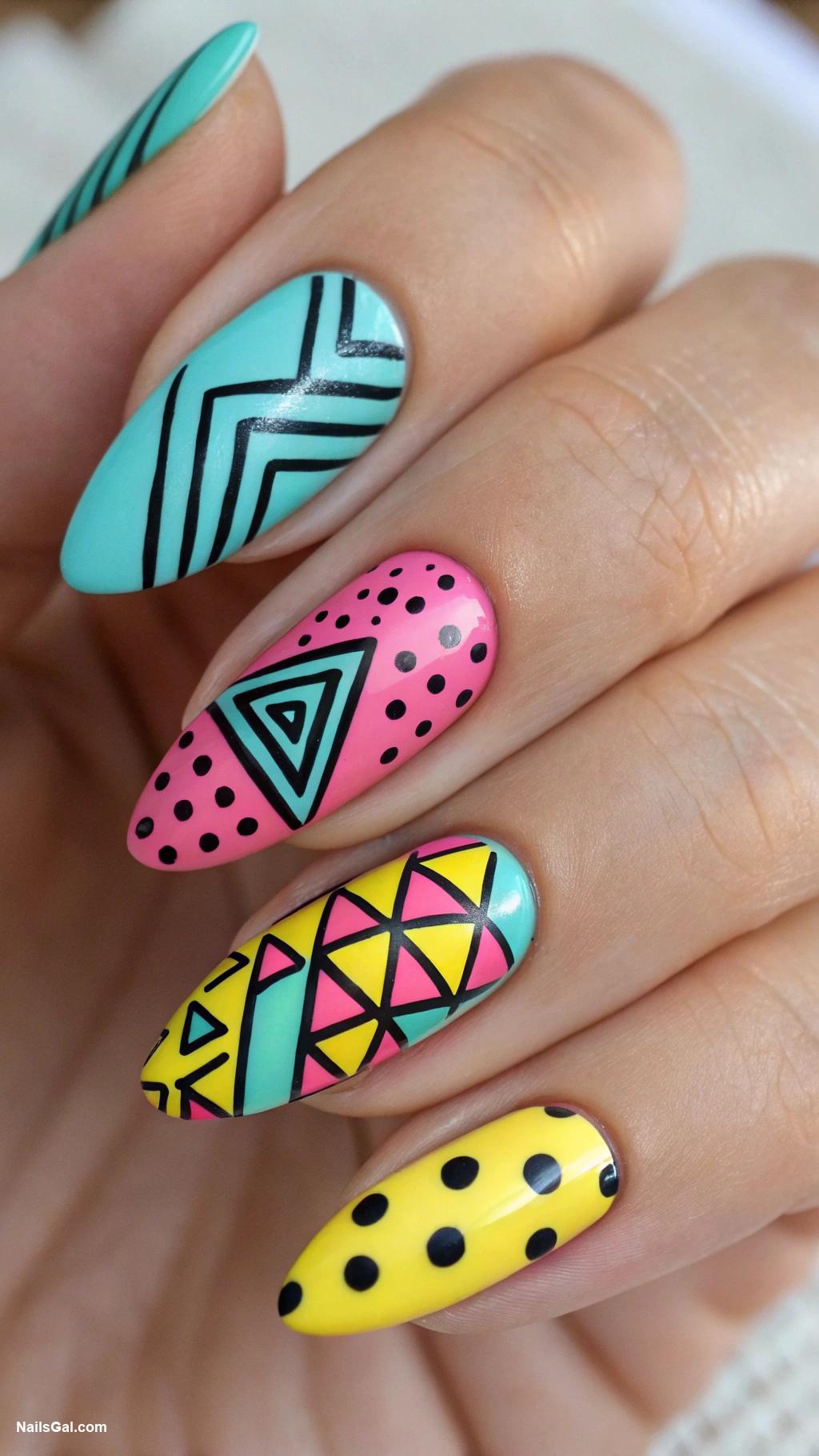 simple nails Geometric patterns in bold colors