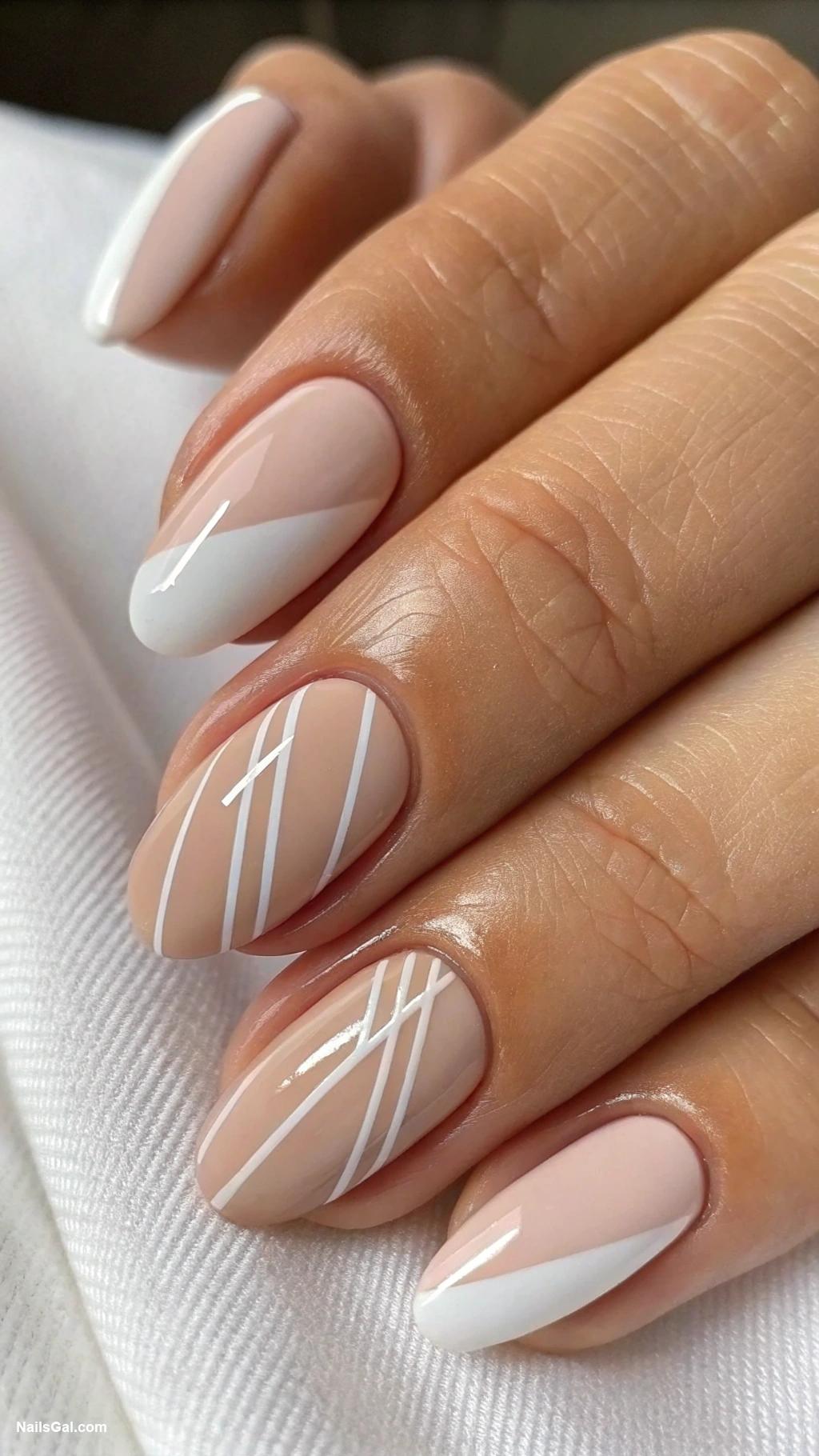 simple nails Minimalist white stripes on nude base