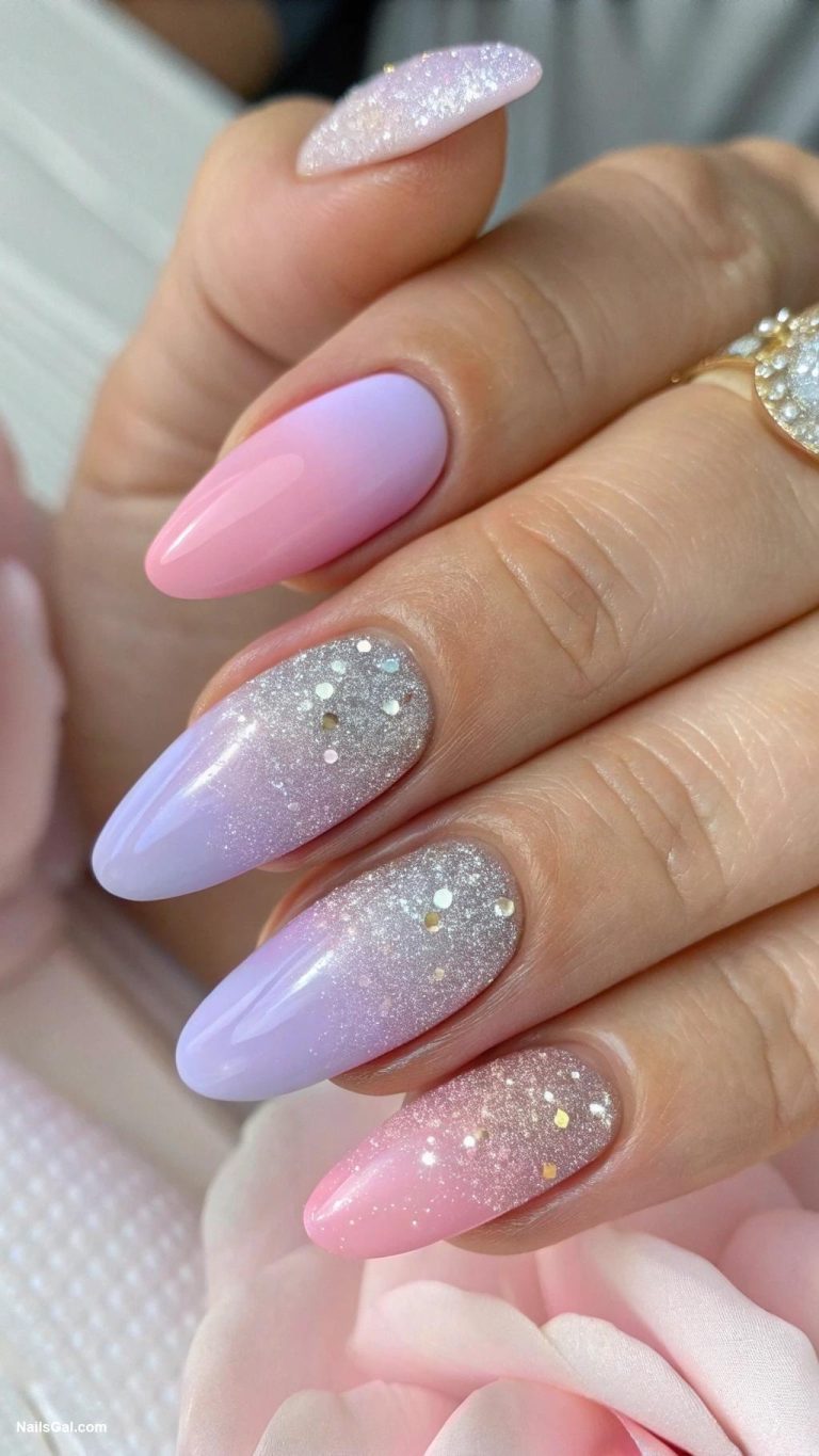 simple nails Pastel ombre with glitter tips