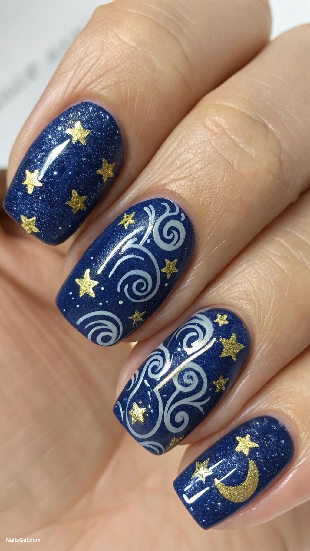 simple nails Starry night design with dark blue