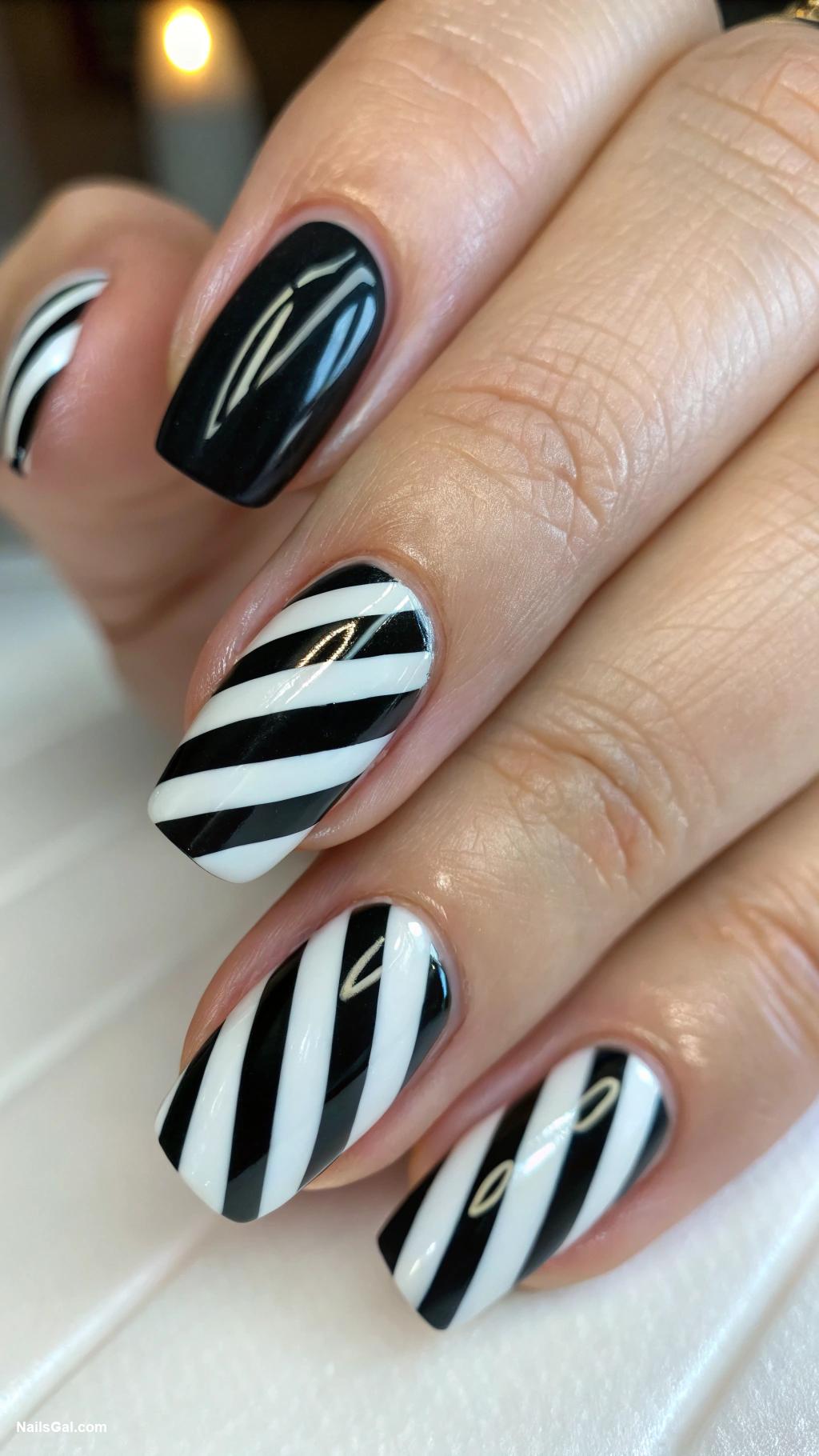 striped nails Bold black and white diagonal stripes
