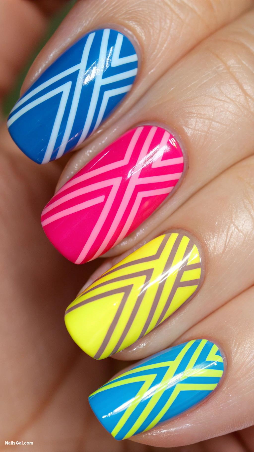striped nails Geometric stripes in vibrant shades