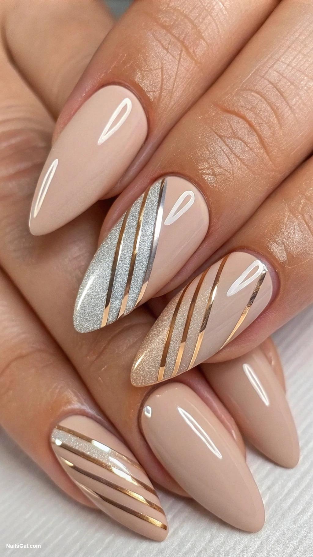 striped nails Metallic stripes over a nude base
