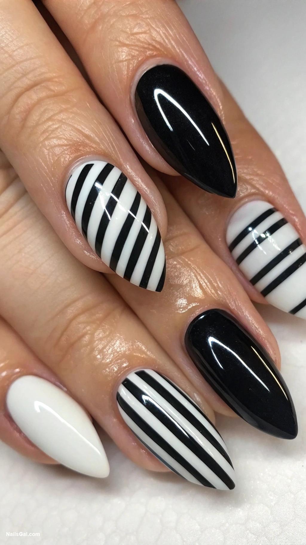 striped nails Monochrome stripes with a glossy finish
