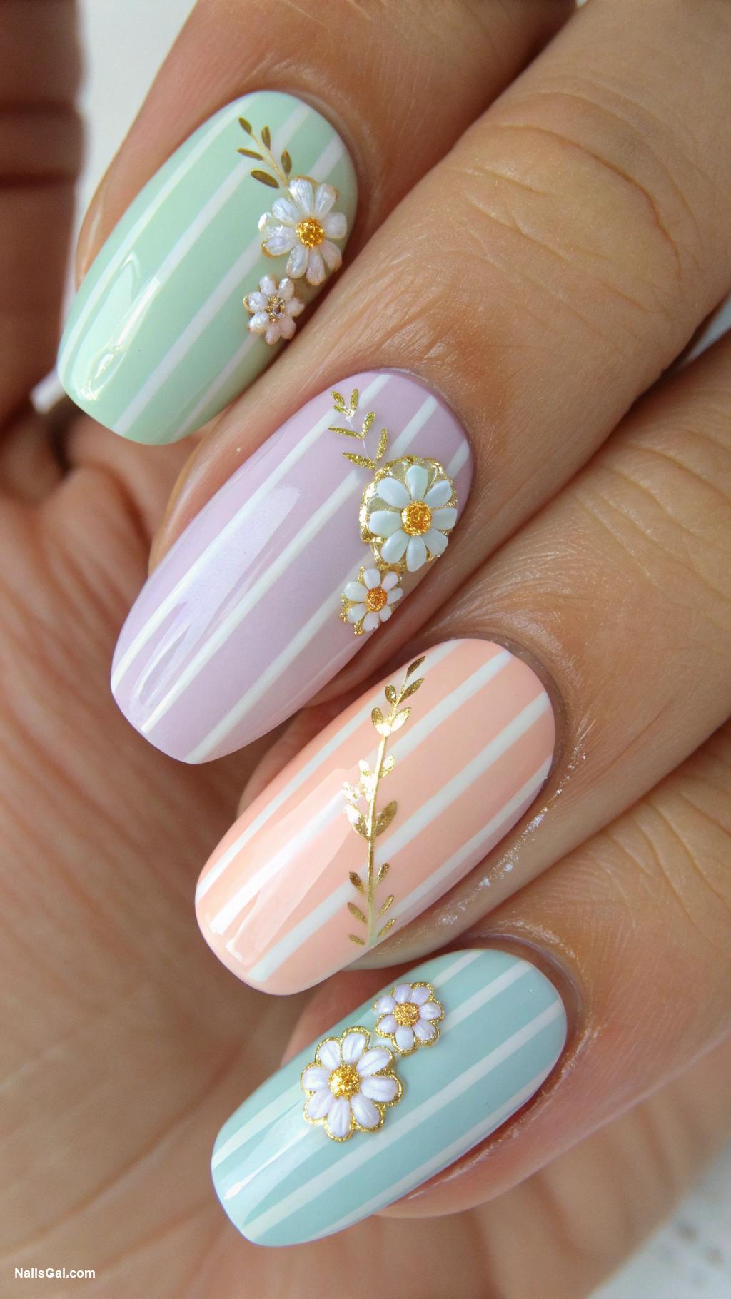 striped nails Pastel stripes with floral details