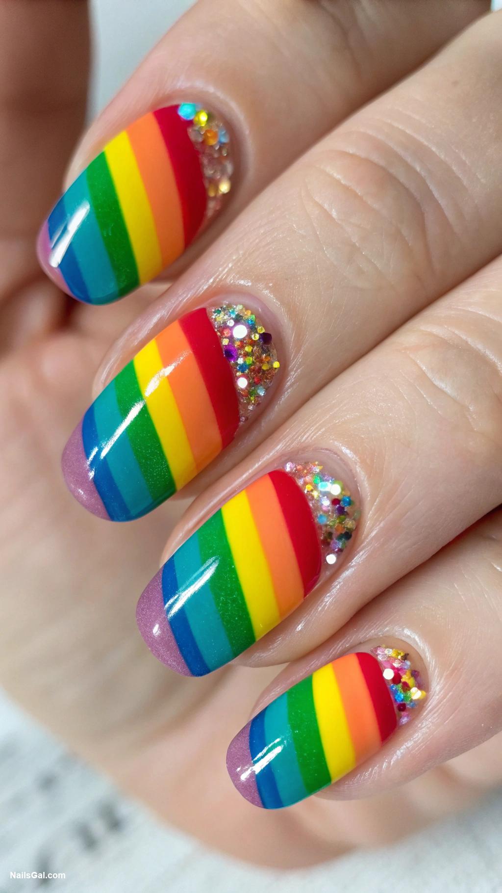 striped nails Rainbow stripes with glitter accents