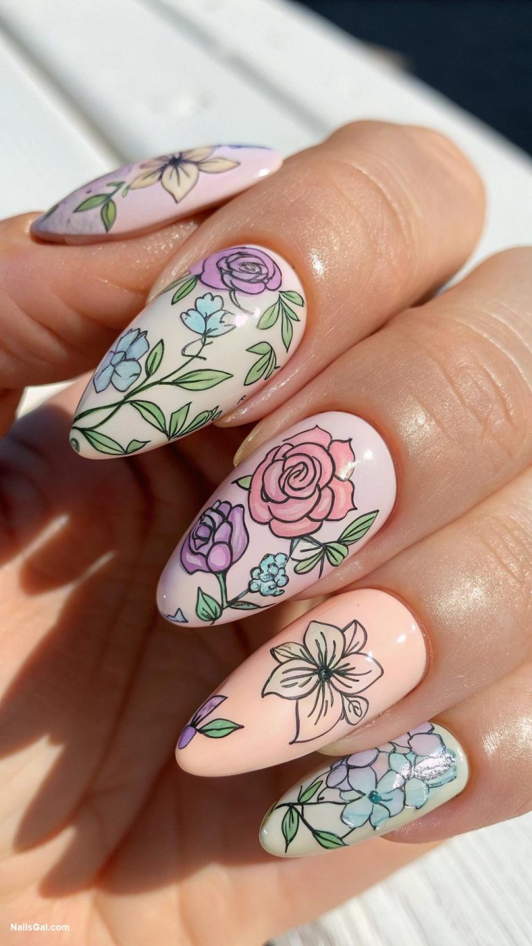 trendy nails Floral patterns on nude base