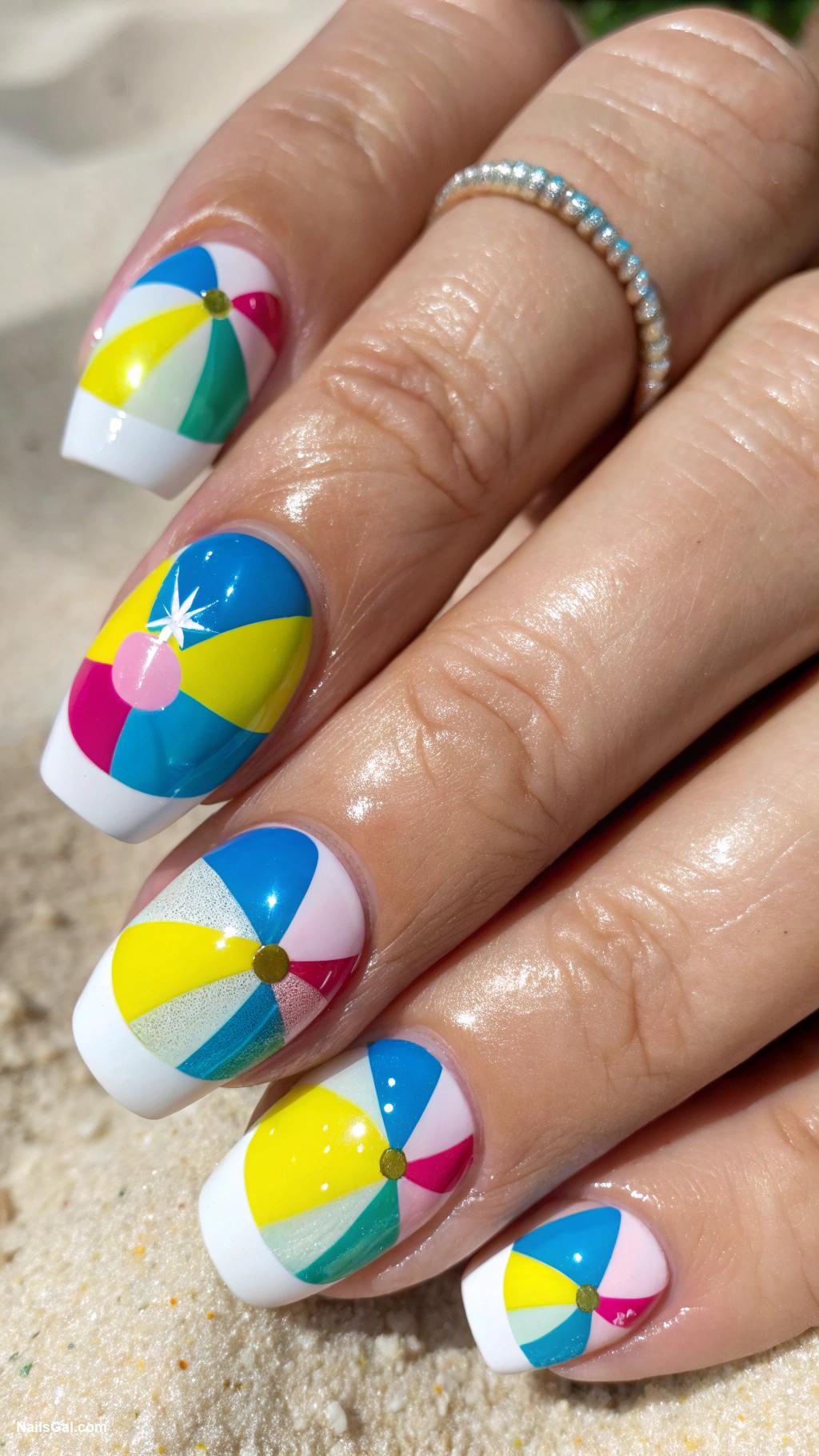 vacation nails Colorful beach balls with white tips
