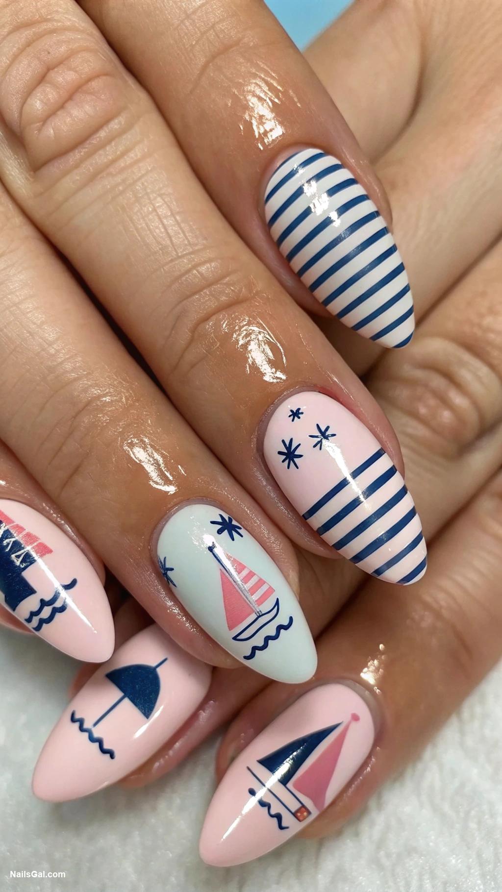 vacation nails Cute sailboats with striped patterns