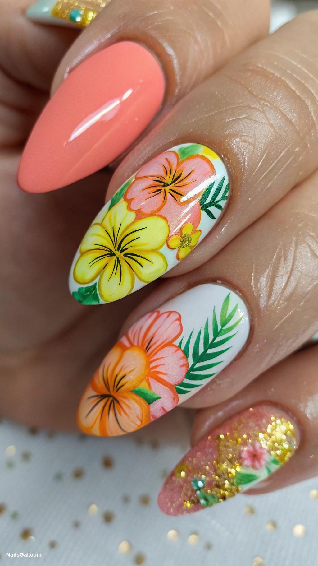 vacation nails Floral hibiscus designs on bright colors