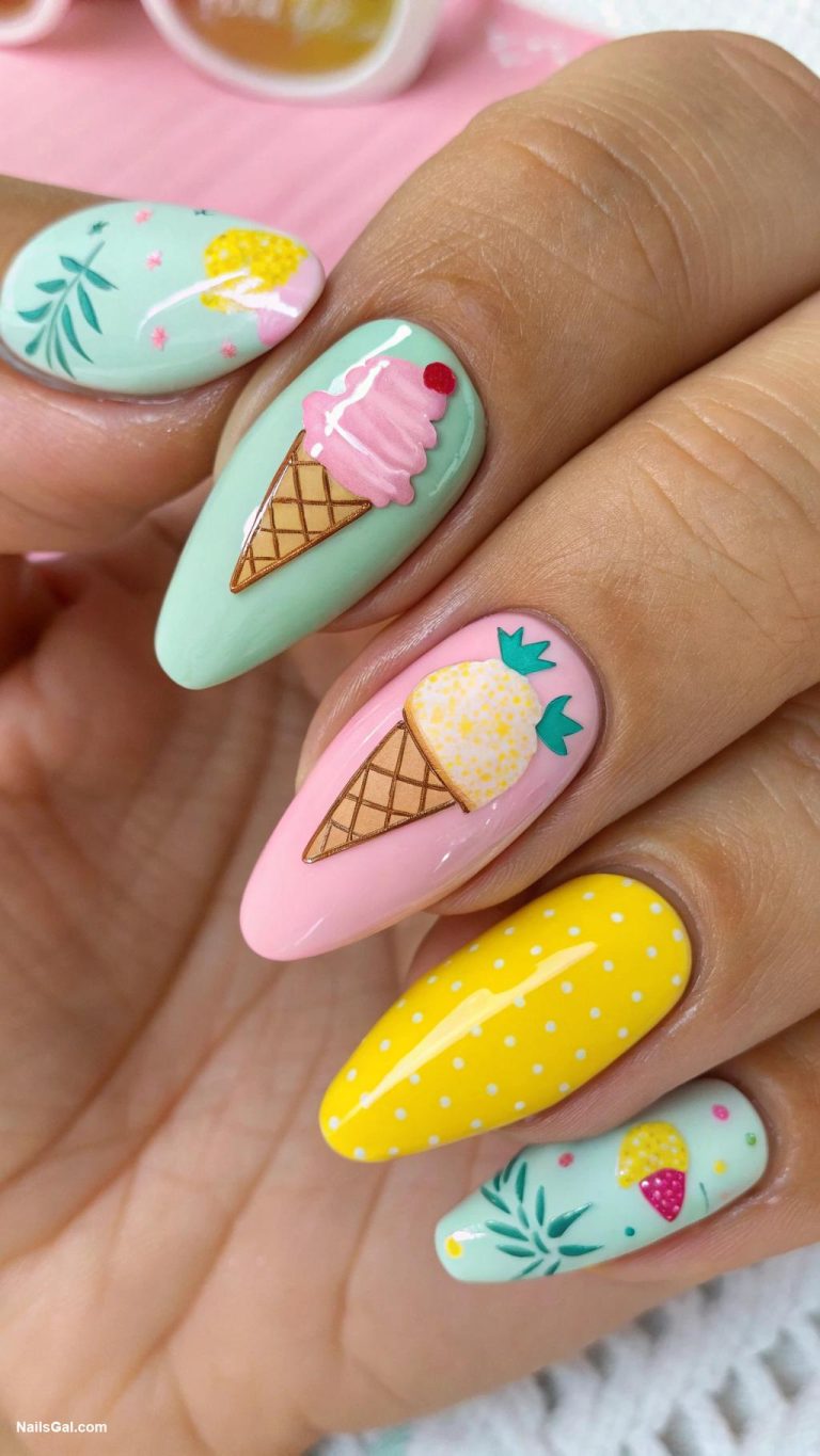 vacation nails Ice cream cone nail art in vibrant hues