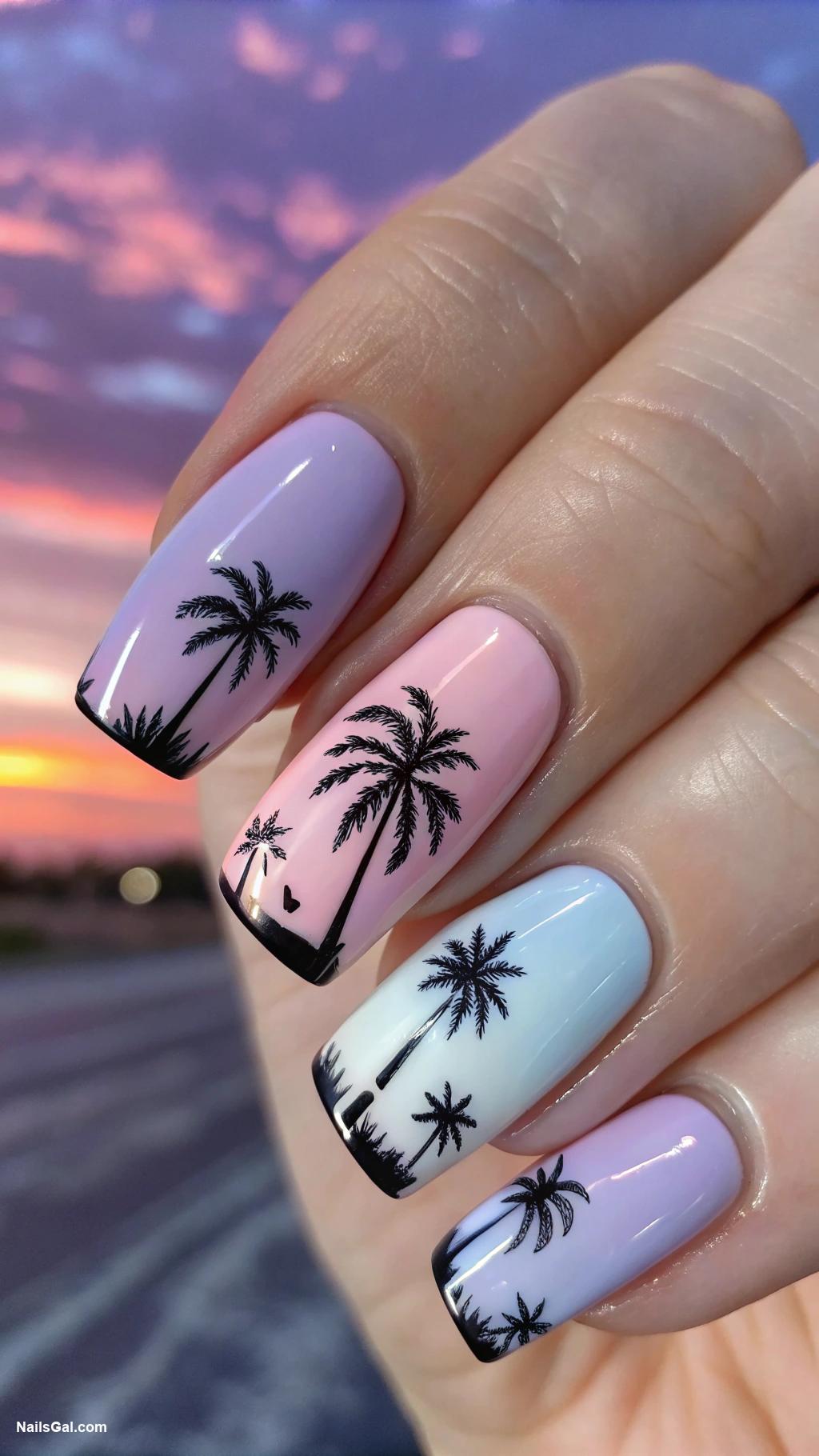 vacation nails Palm tree silhouettes against a twilight sky