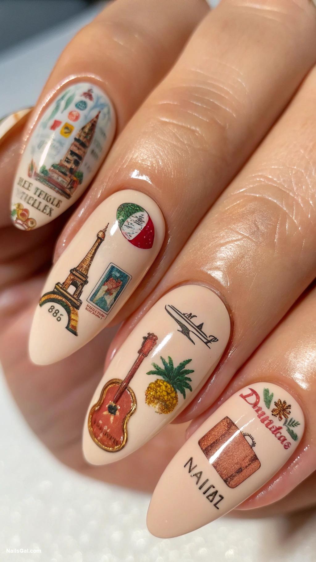 vacation nails Retro travel stickers on a nude base