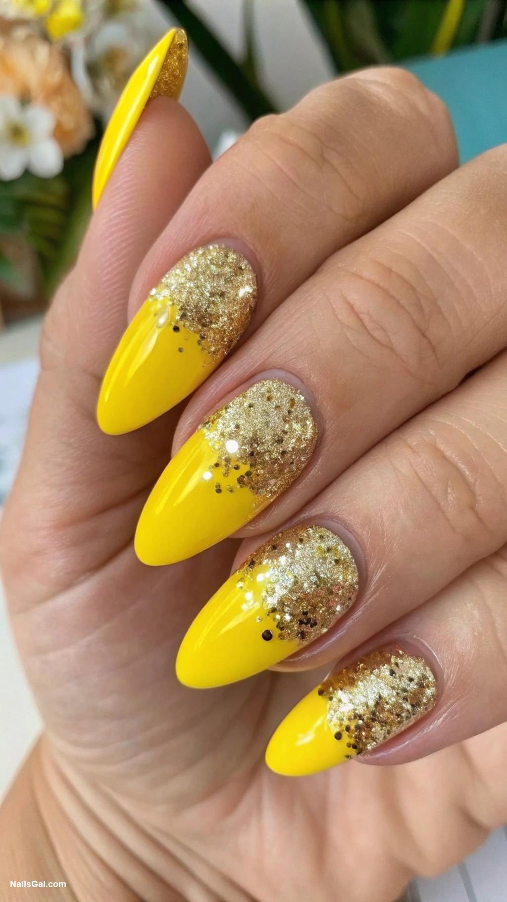 vacation nails Sunshine yellow with glittery gold tips