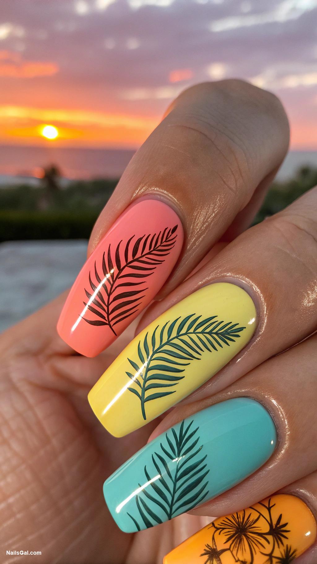 vacation nails Tropical palm leaves on a sunset background
