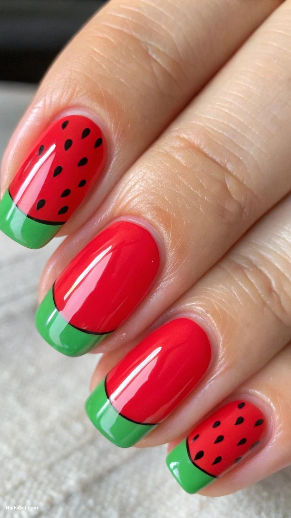 watermelon nails Bright red base with green tips