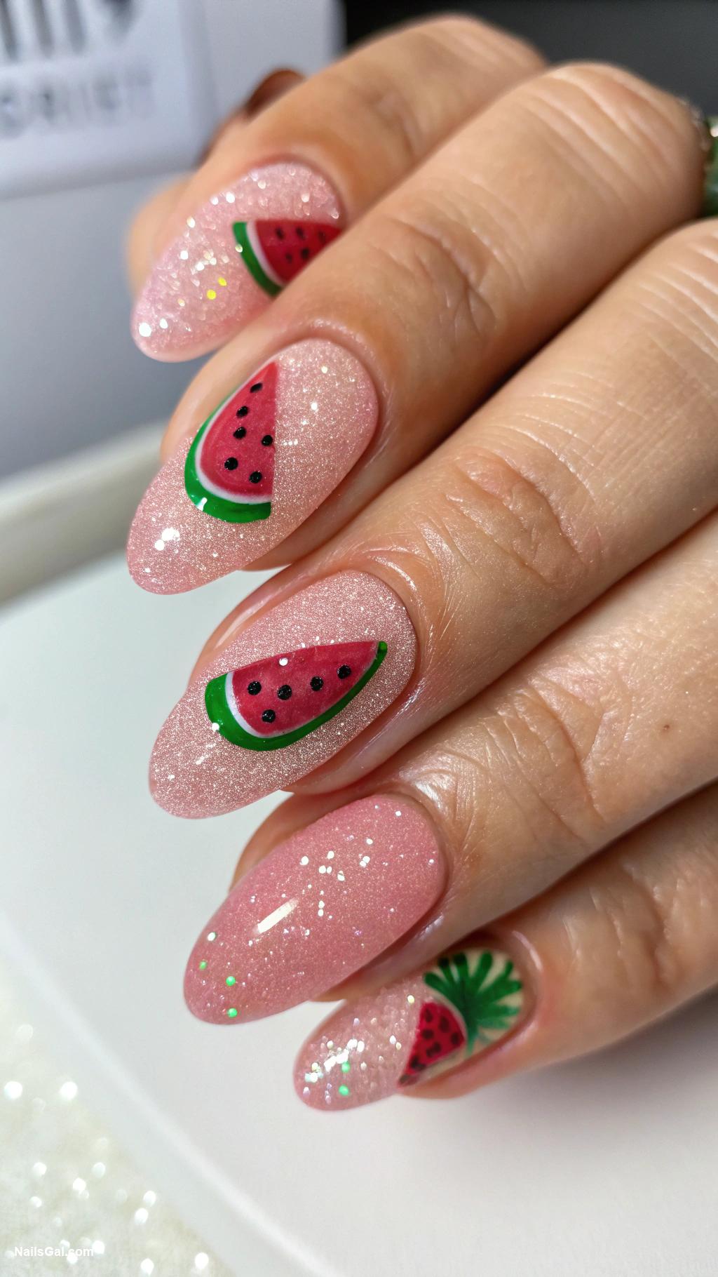 watermelon nails Glittery pink with green rind accents
