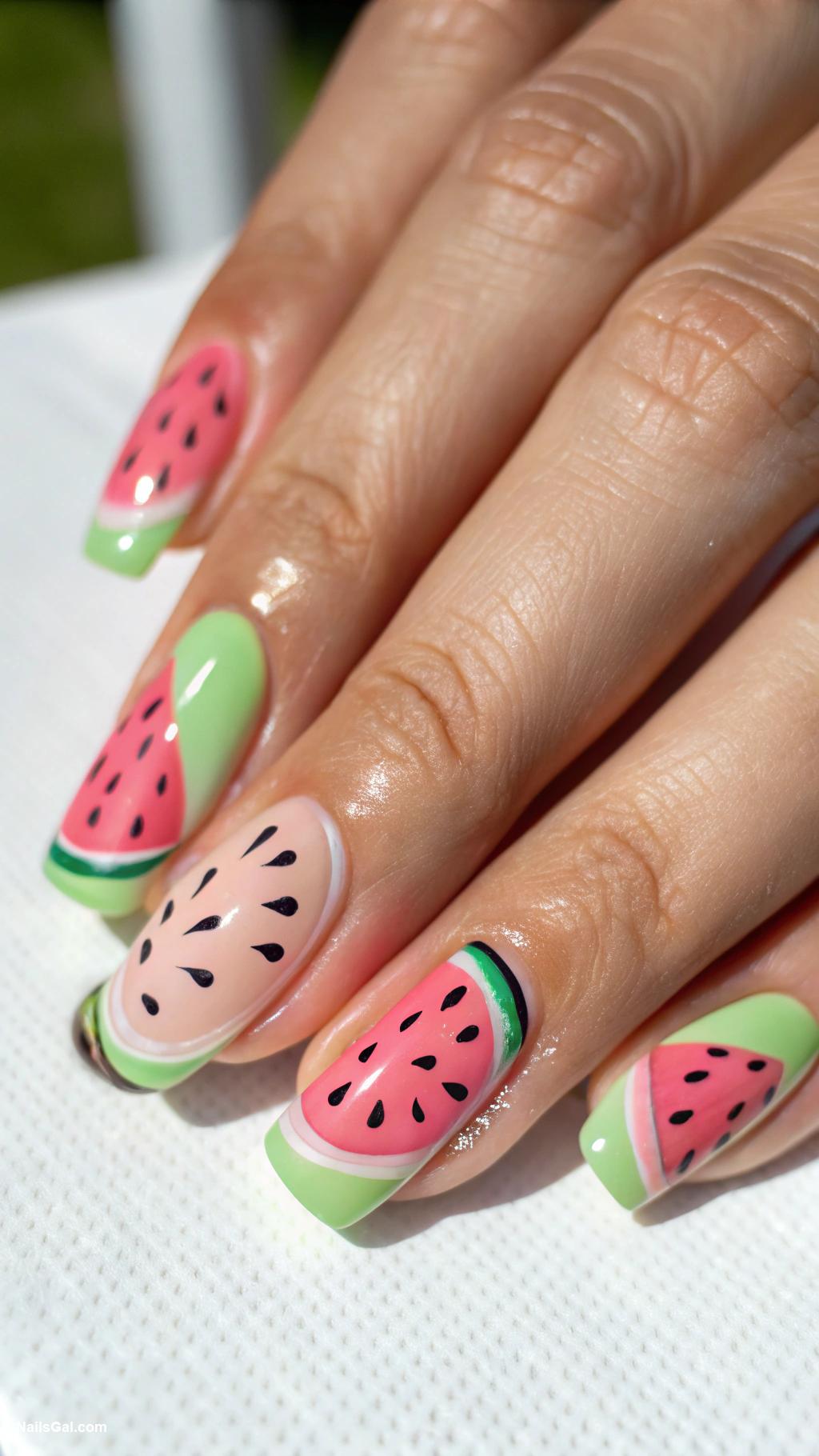 watermelon nails Hand painted watermelon on nude background