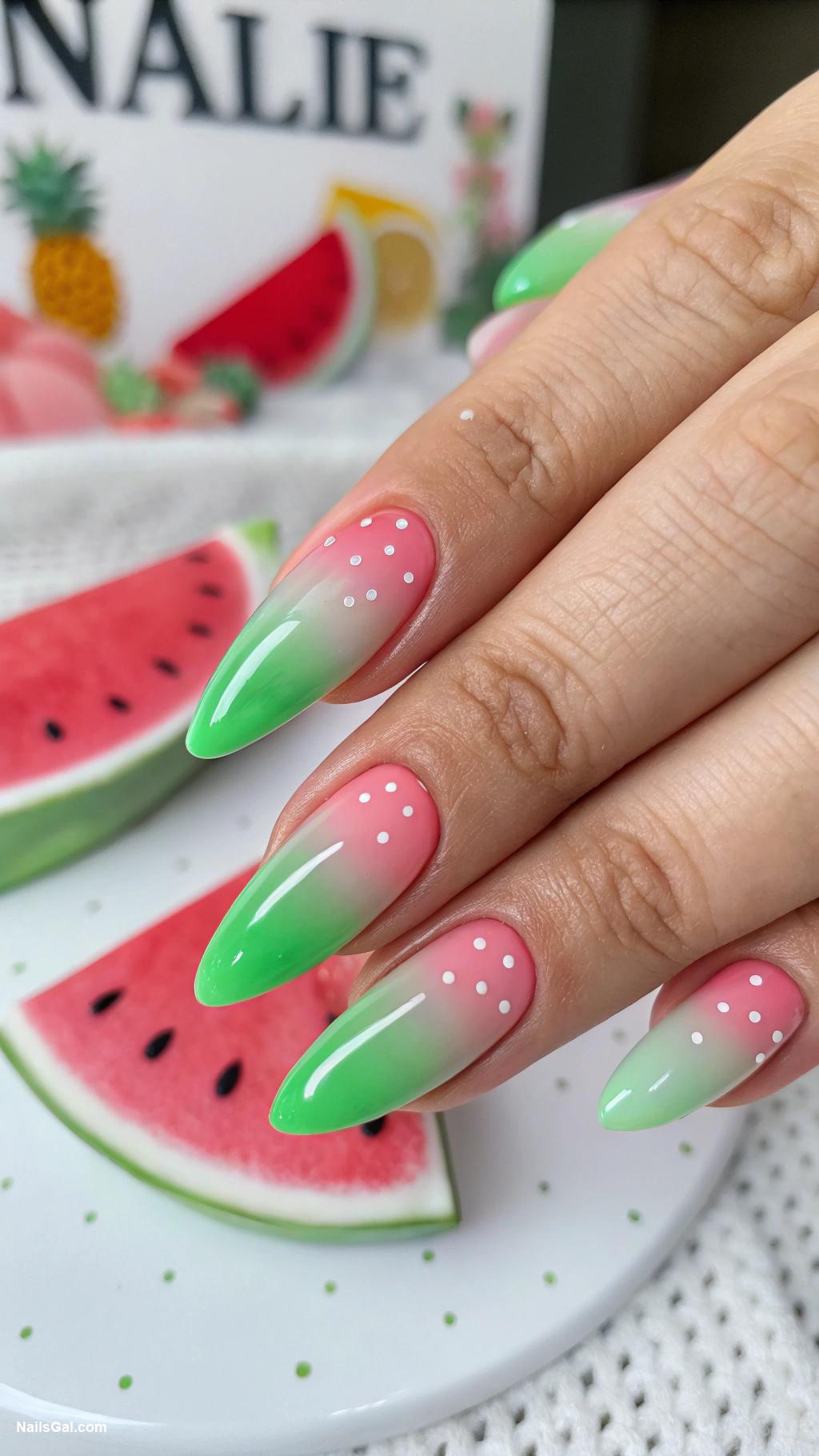 watermelon nails Ombre green to pink watermelon effect