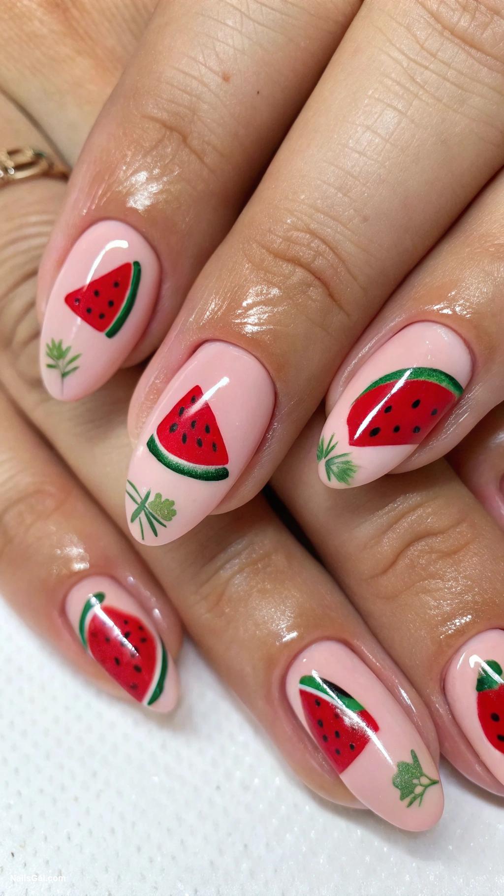 watermelon nails Watermelon slices on pale pink nails