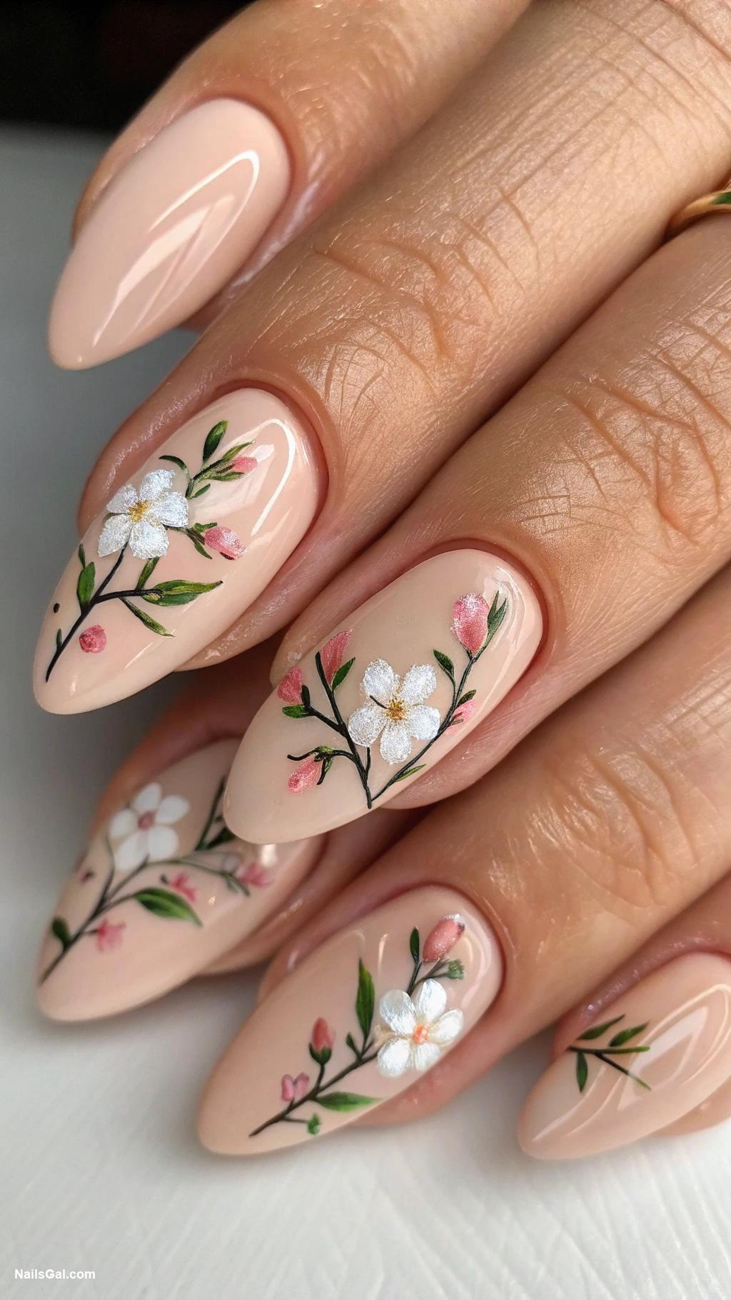 wedding nails Delicate floral accents on nude base