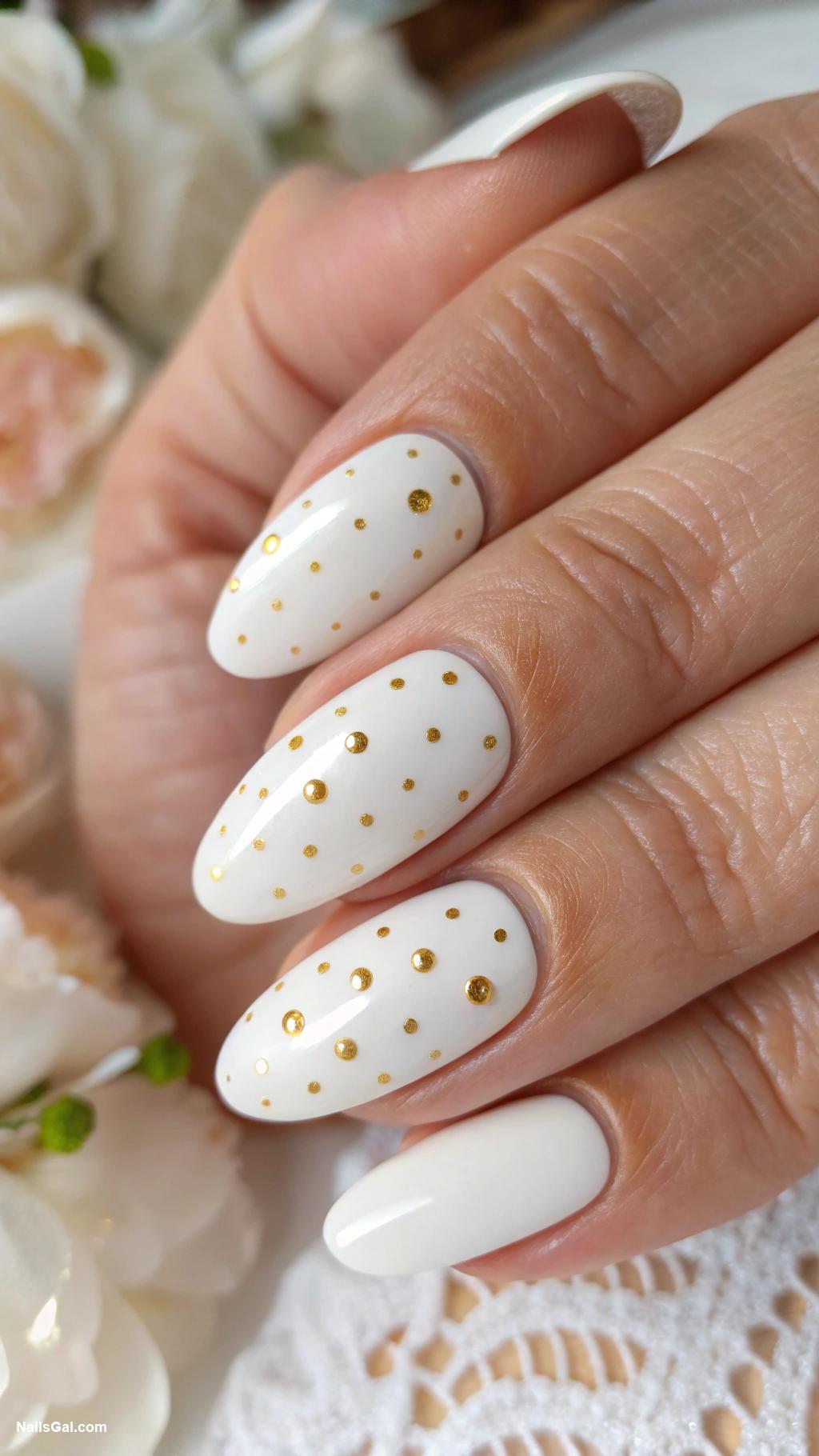 wedding nails Simple white with gold dots