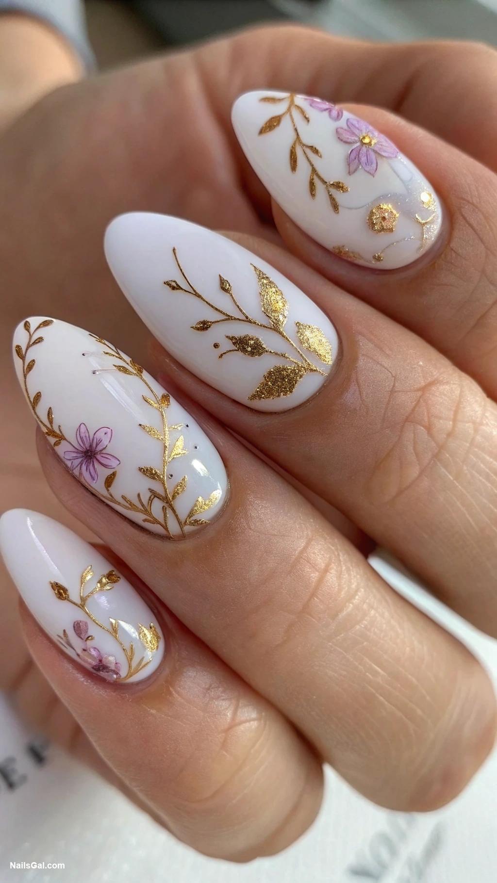 white nails Floral designs with gold accents