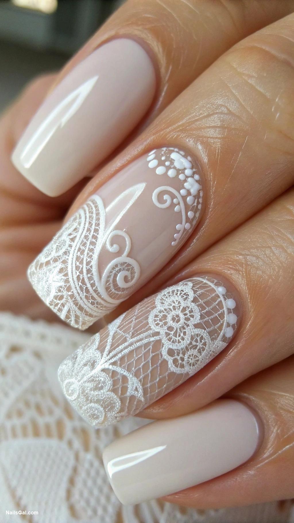 white nails Intricate lace design in white