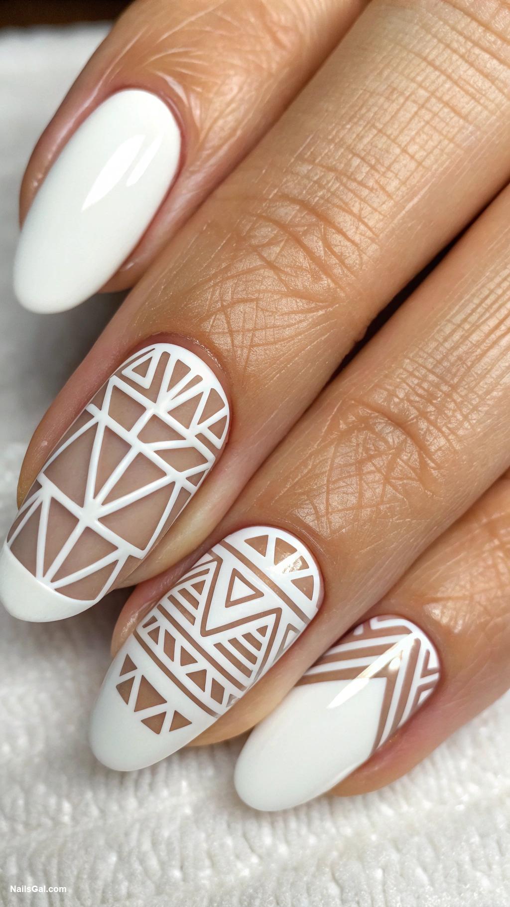 white nails Negative space geometric patterns